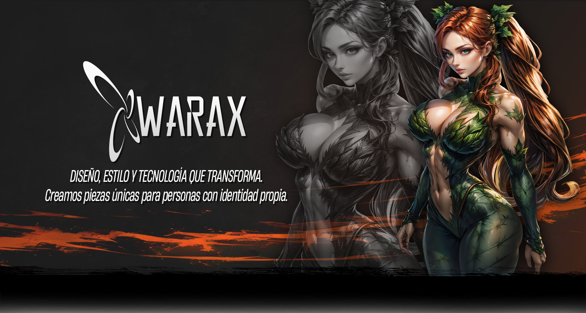 Banner titulo pagina principal de WARAX, contiene logo, eslogan y una imagen decorativa de una hermosa mujer anime