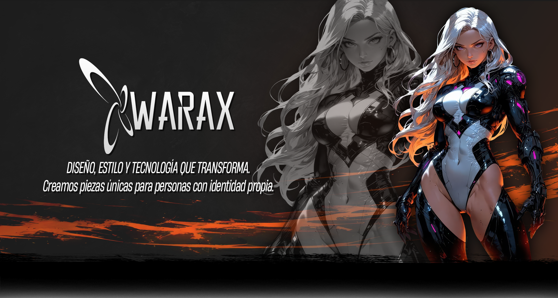 Banner titulo pagina principal de WARAX, contiene logo, eslogan y una imagen decorativa de una hermosa mujer anime