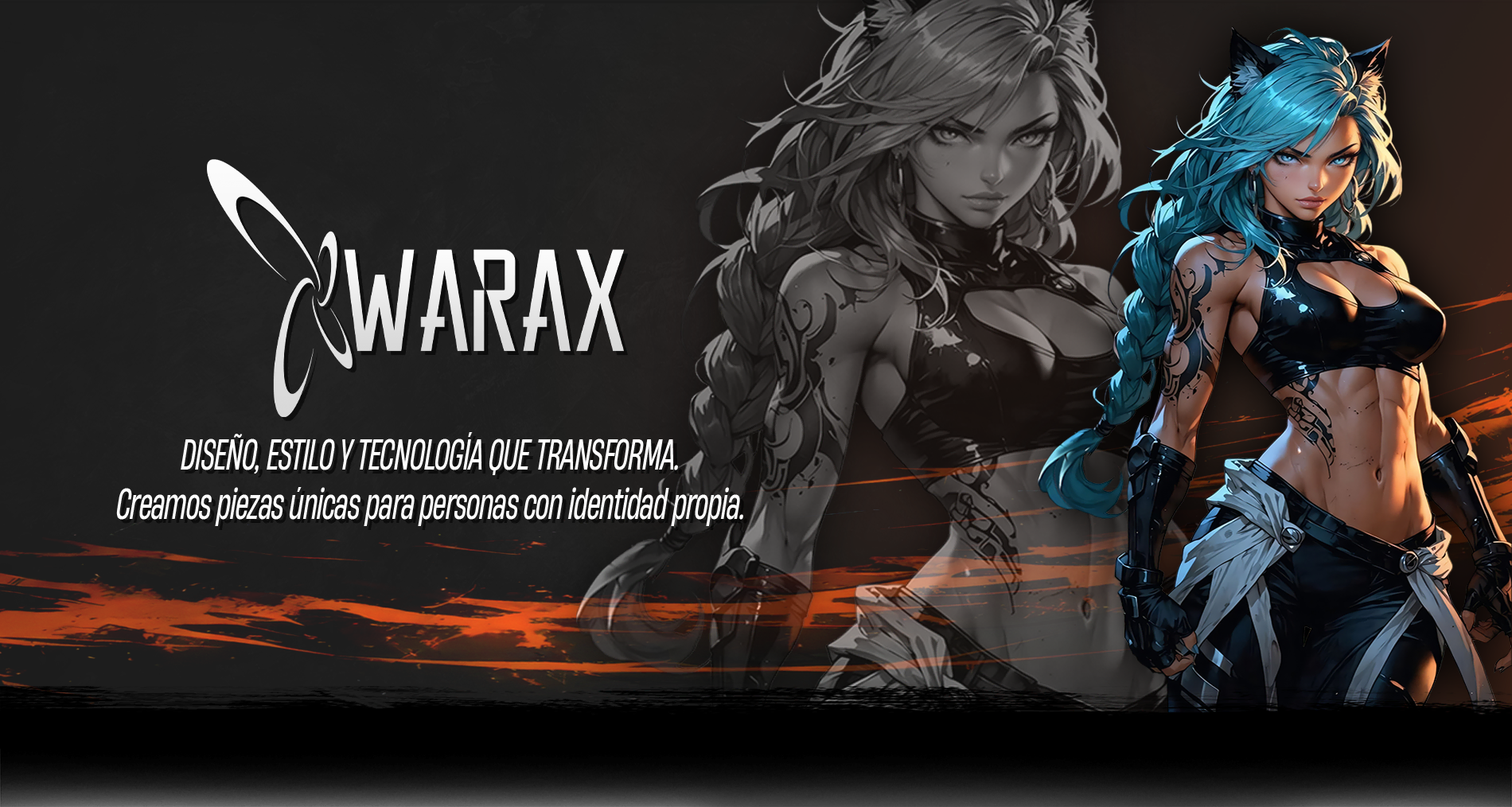 Banner titulo pagina principal de WARAX, contiene logo, eslogan y una imagen decorativa de una hermosa mujer anime