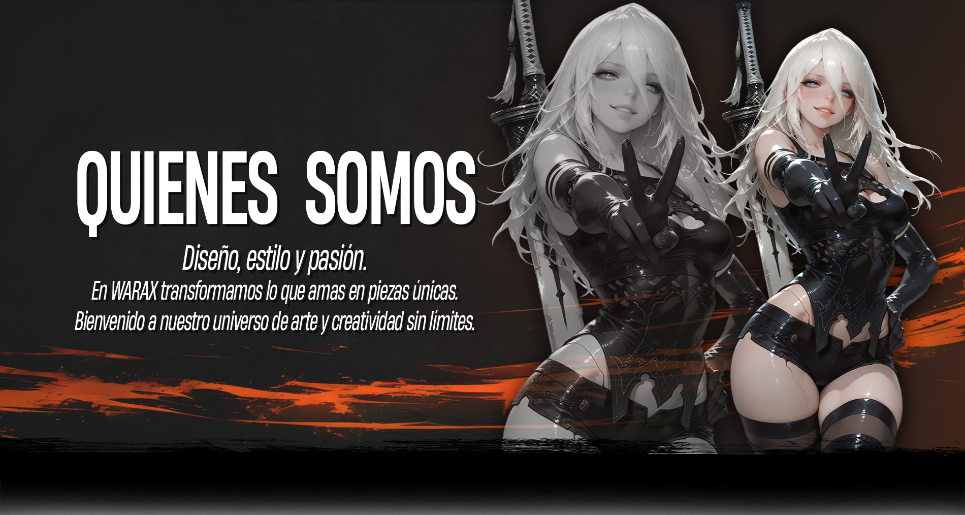 Banner pagina quienes somos de WARAX, contiene logo, eslogan y una imagen decorativa de una hermosa mujer anime